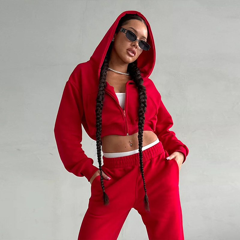Sexy Cropped Hooded Cardigan and Pants Set Long Sleeve