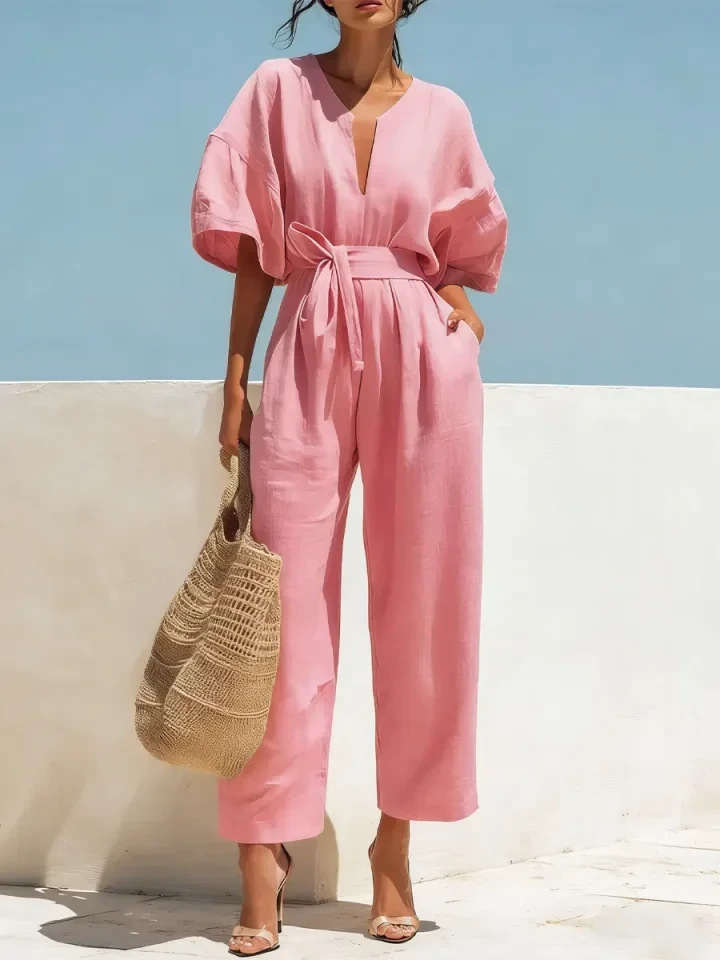 Elegant V-Neck Solid Cotton-Blend Jumpsuit for Women