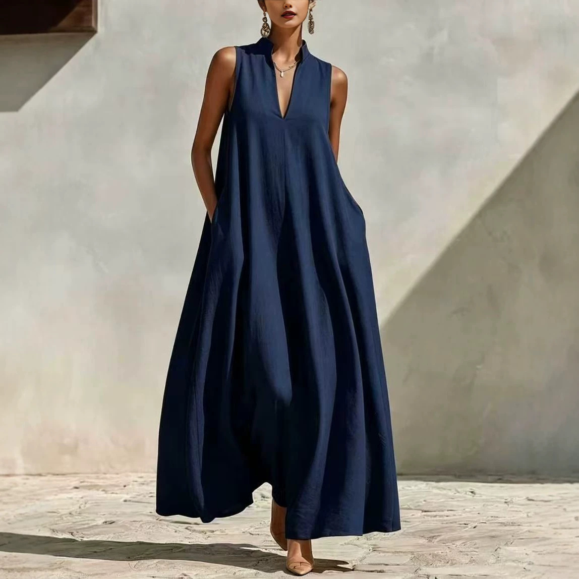 Women's Stand Collar Sleeveless A-Line Maxi Dress Loose Fit Vacation