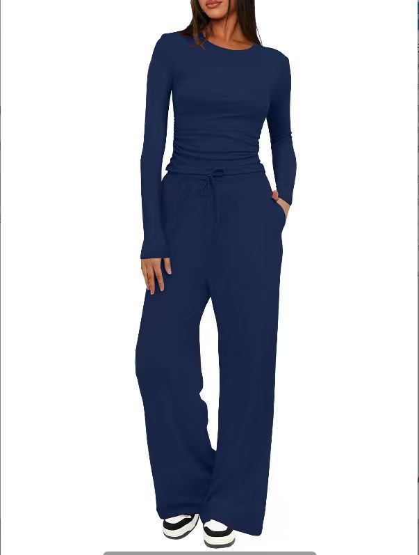 Solid Color Long Sleeve Top & High-Waist Wide-Leg Pants Set