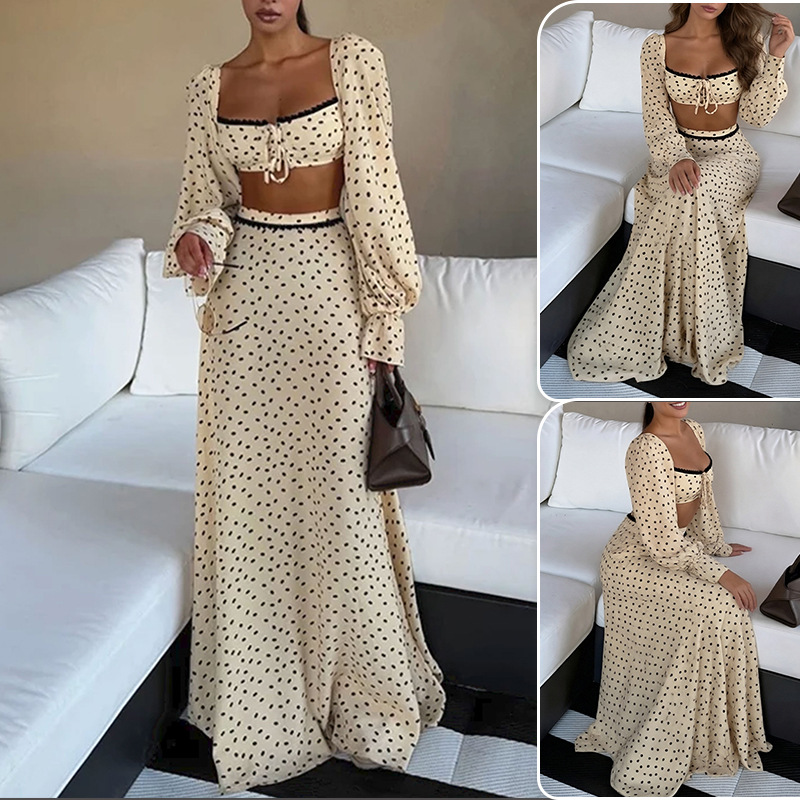 Polka Dot Two-Piece Skirt Set with Puff Sleeves and Flared Skirt