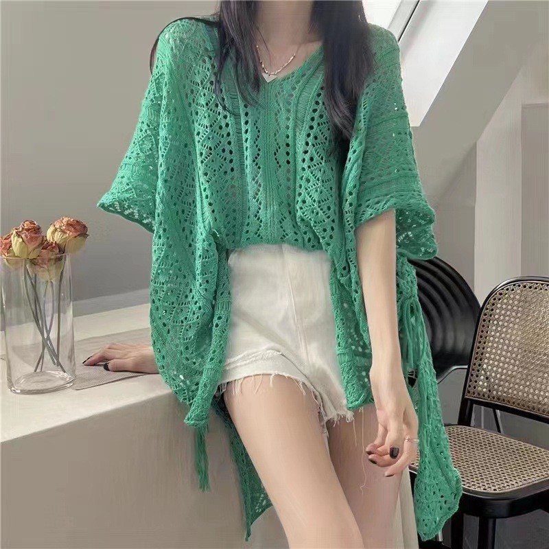 Openwork Short-Sleeve Knit Top Women's Loose Lightweight Sun Protection Cover-Up
