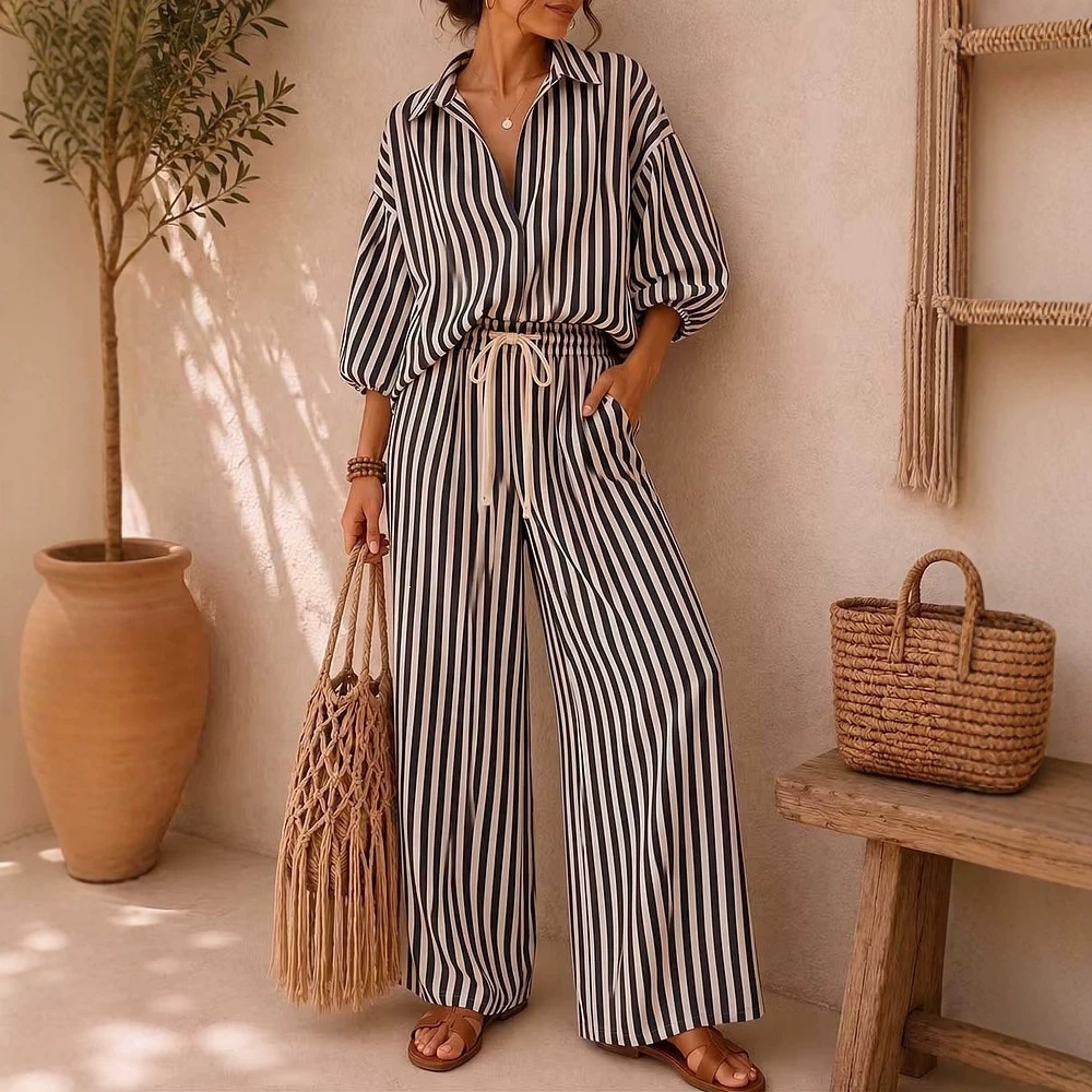 Striped Long Sleeve Shirt and Loose Pants Two-Piece Set