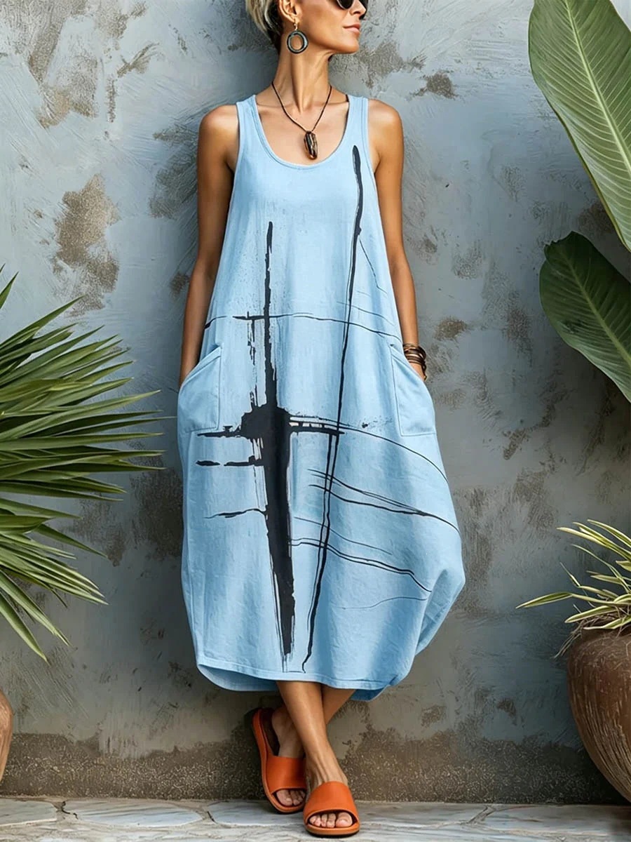 Women's Summer Sleeveless Printed Pocket Casual Dress