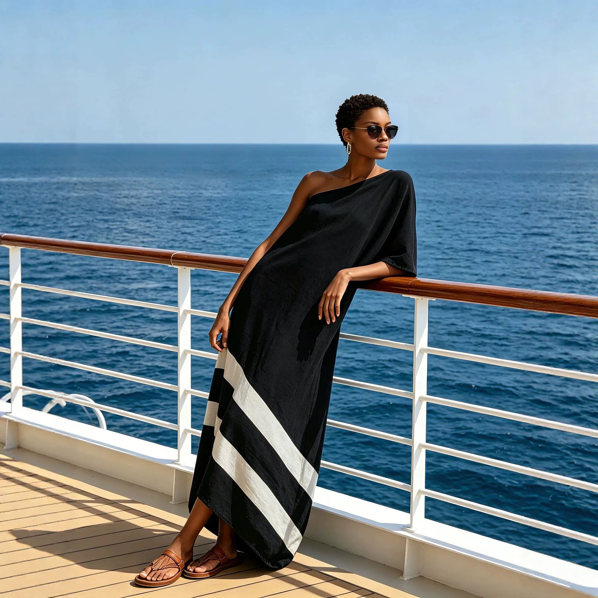 Minimalist Color-Block Linen-Blend One-Shoulder Long Dress
