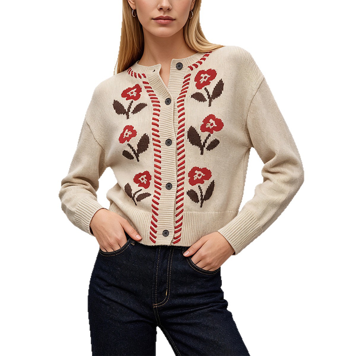 Retro Floral Knit Cardigan Women's Crewneck Button Long Sleeve Sweater