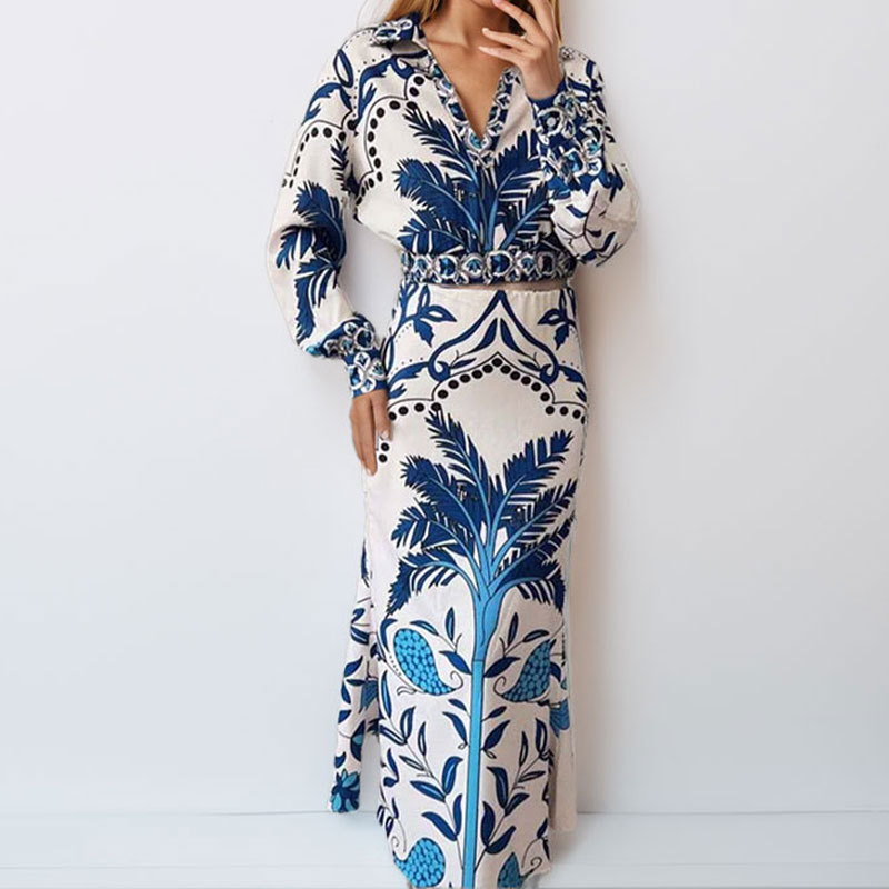 Women's Casual V-Neck Printed Long Dress Two-Piece Set