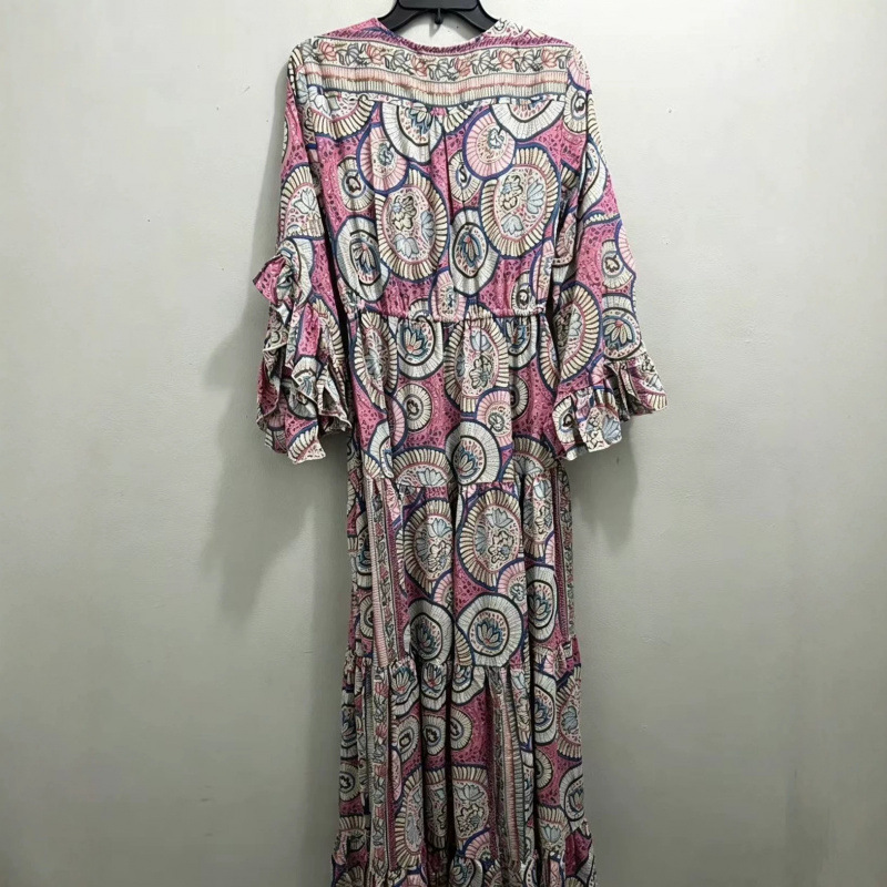 Women's V-Neck Waist-Cinching Floral Print Long Dress
