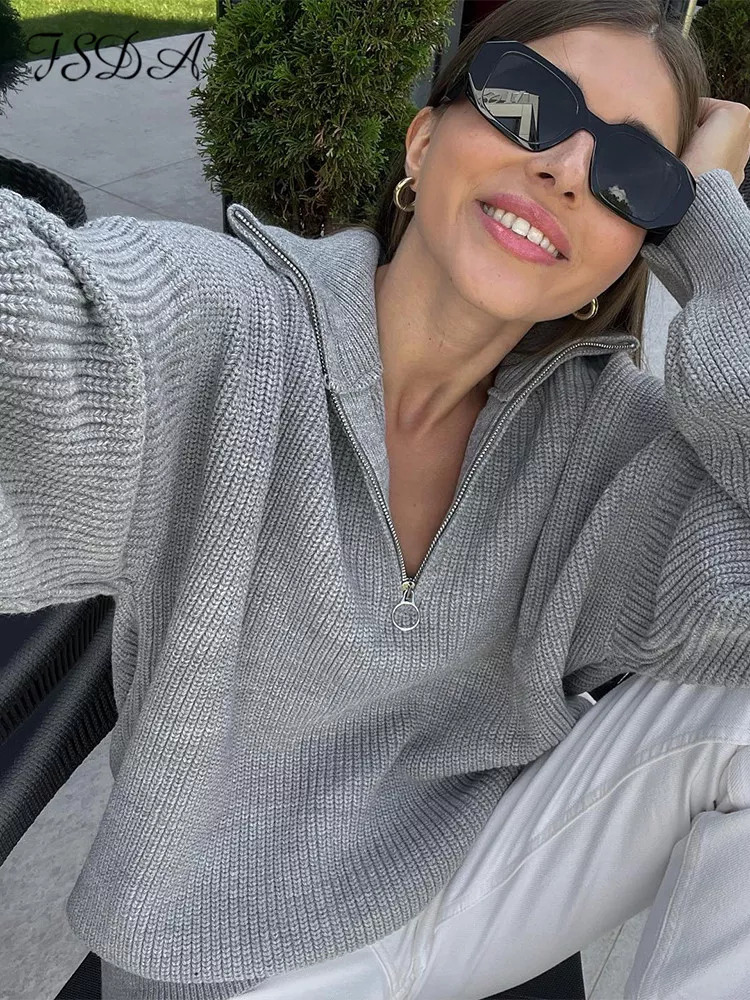 Women's V-Neck Zip Loose Knit Sweater