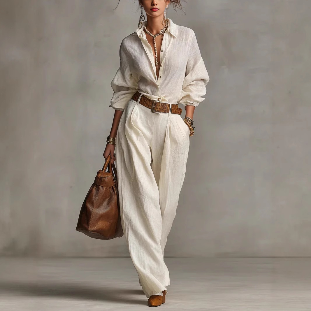 Women's Cotton-Linen Long-Sleeve Button Shirt Jumpsuit with Pockets