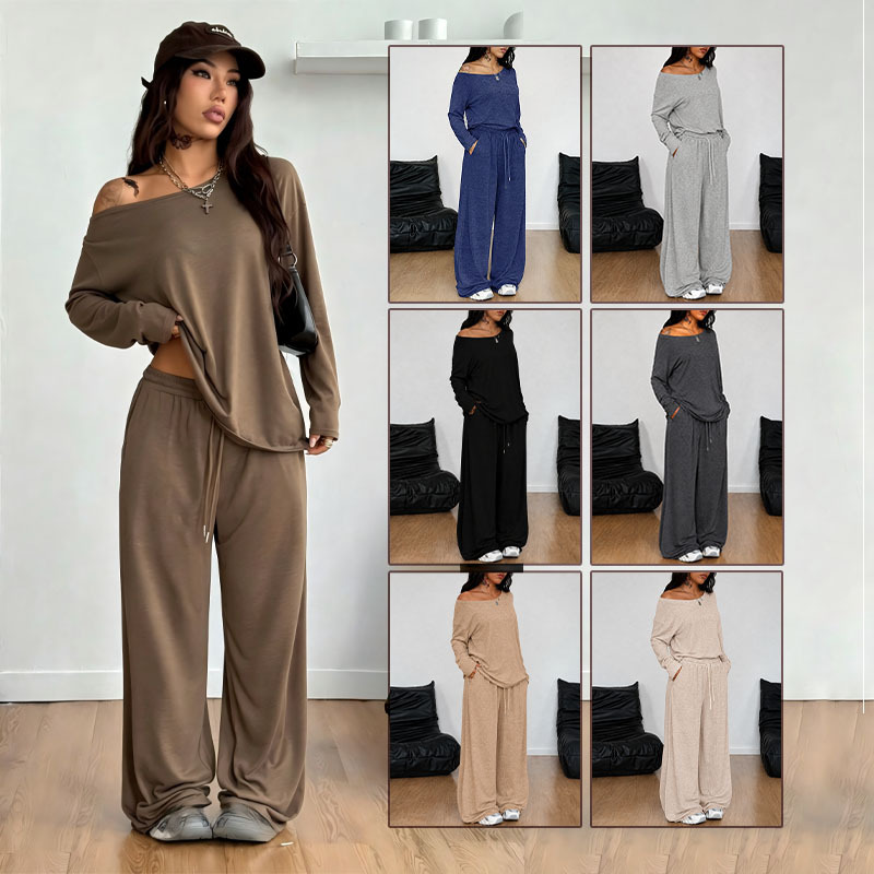 Women's Oblique Neck Wide Leg Pants Set Solid Color Casual Two Piece