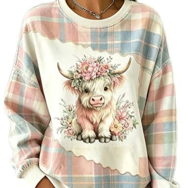 Women's Bull Head Floral Print Crewneck Sweatshirt Casual Pullover