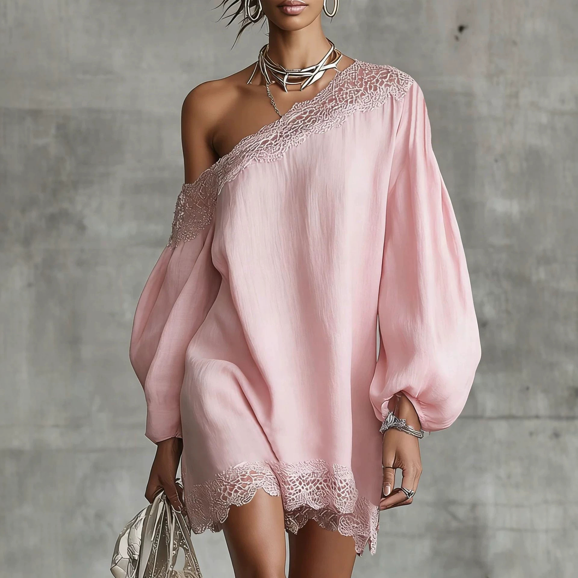 Lace Panel One-Shoulder Long Sleeve Loose Casual Dress