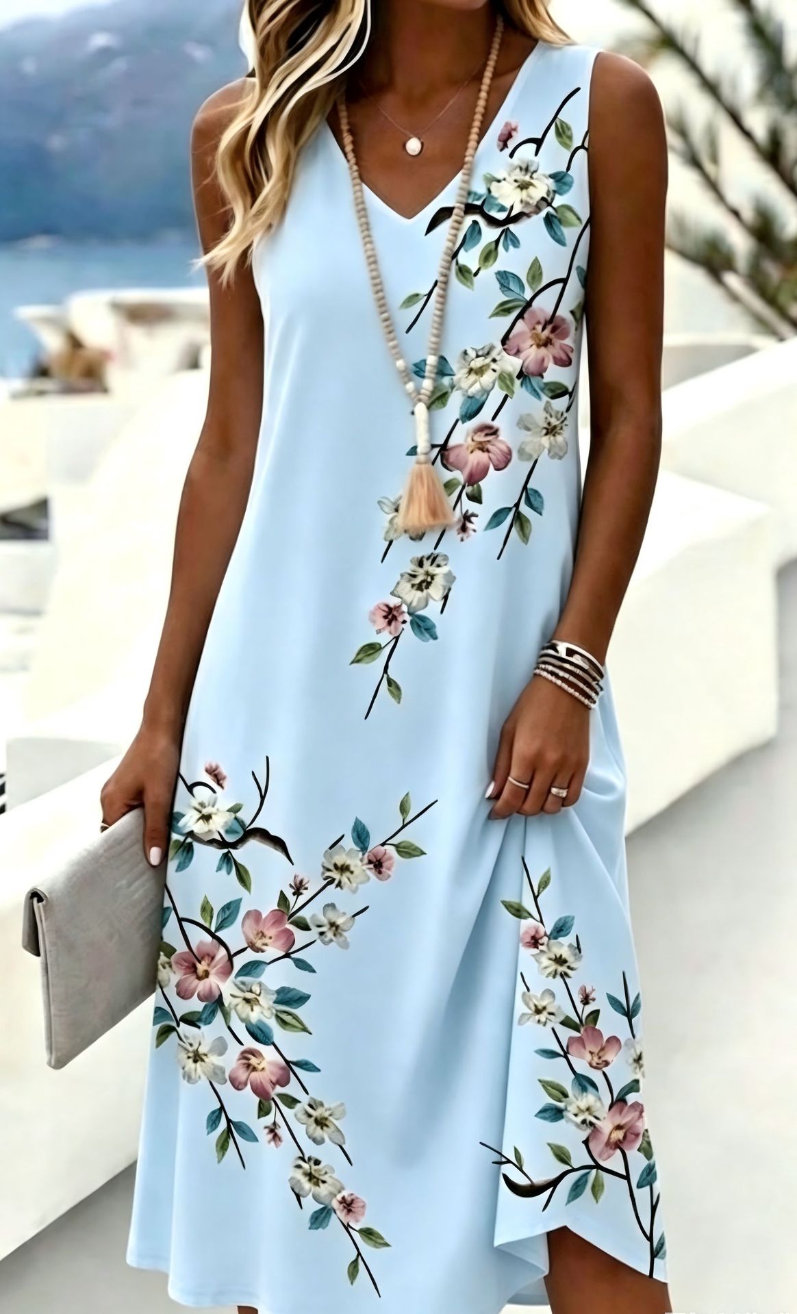 Women's Floral Print Deep V-Neck Bodycon Midi Dress Sleeveless Casual