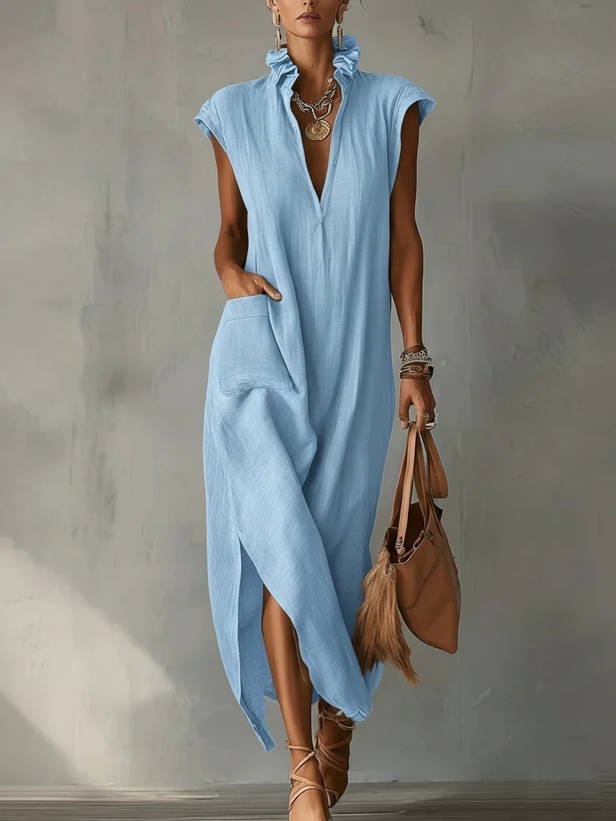 Women's Summer Sleeveless V-Neck Cotton-Linen Dress Loose A-Line Midi