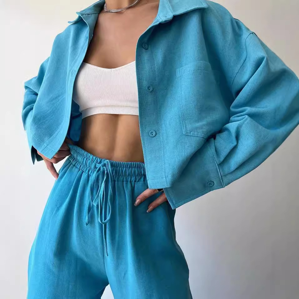 Solid Color Long Sleeve Cropped Shirt and Drawstring Pants Set