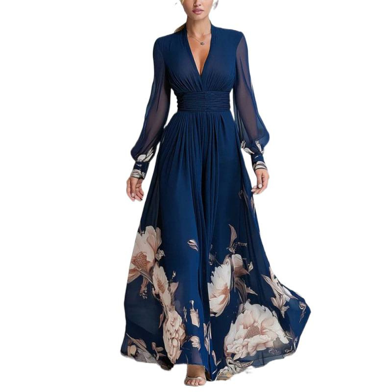 Long Mesh Panel French Slim Fit Floral Print Maxi Dress
