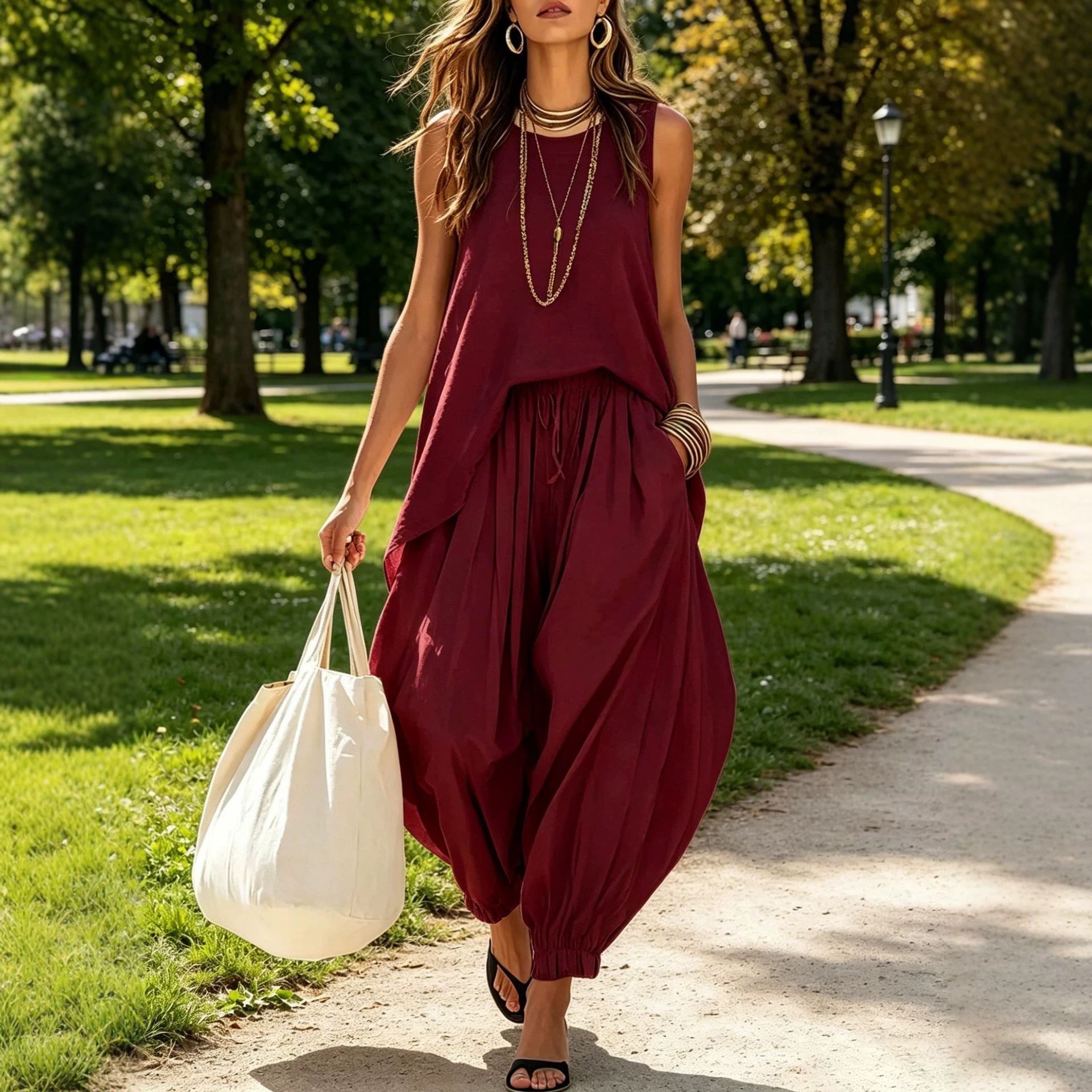 Women's Solid Sleeveless Top & Lantern Pants Set Boho Vacation Outfit
