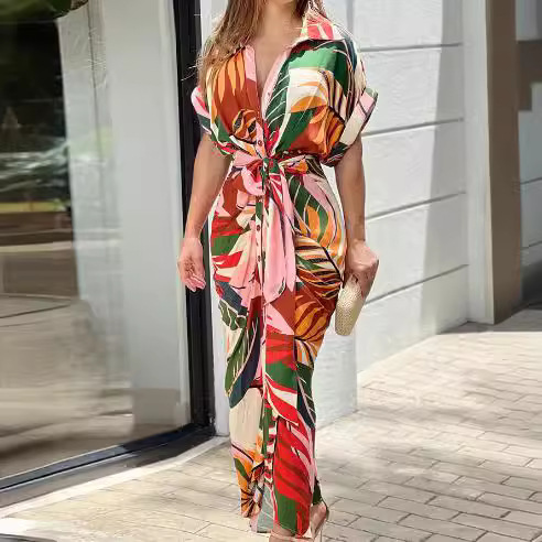 Women's Floral Print Button-Front Midi Shirt Dress Short Sleeve