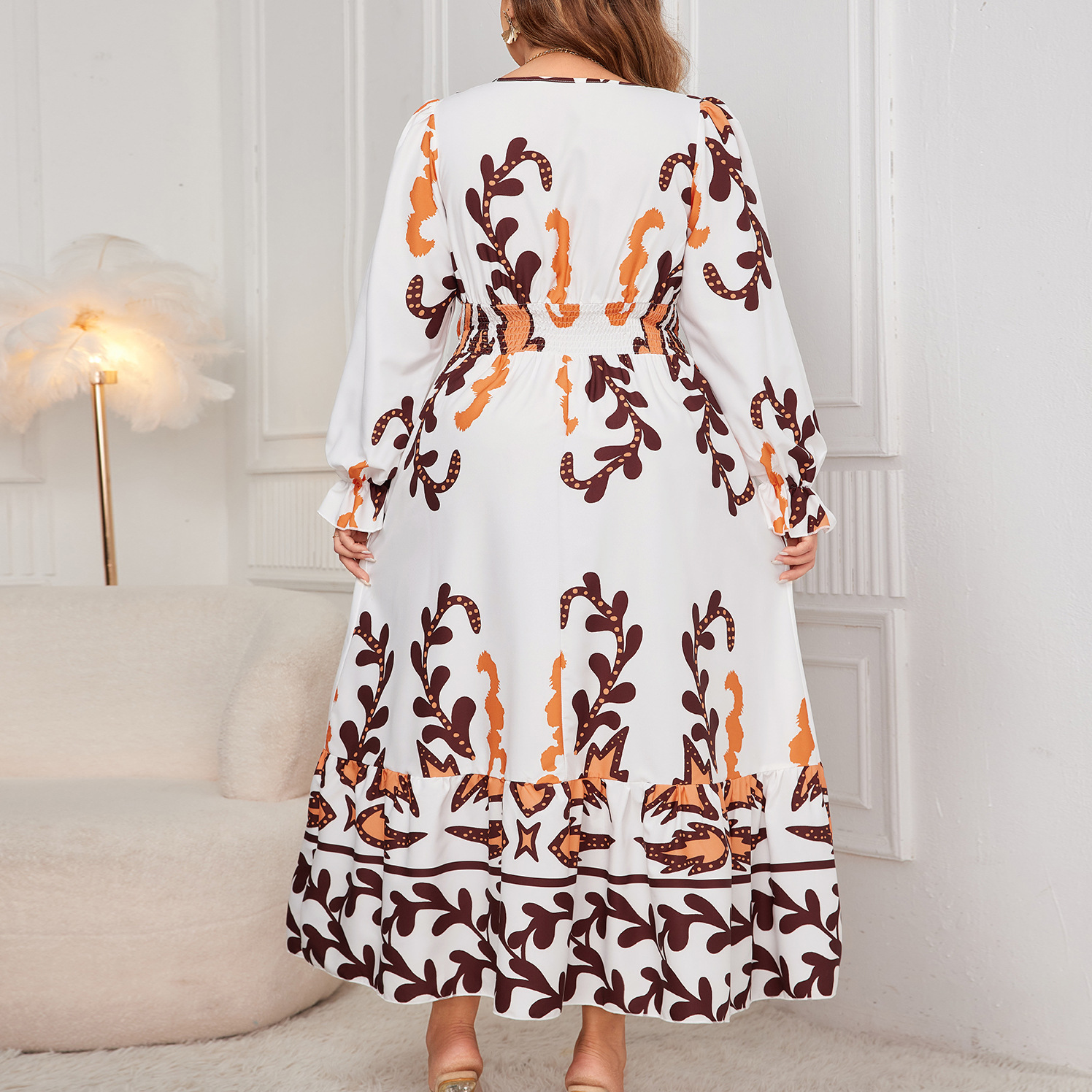 Floral Print Long Sleeve V-Neck Loose Midi Dress