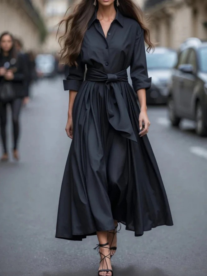 Long Sleeve Collared Solid Long Dress with Tie Belt