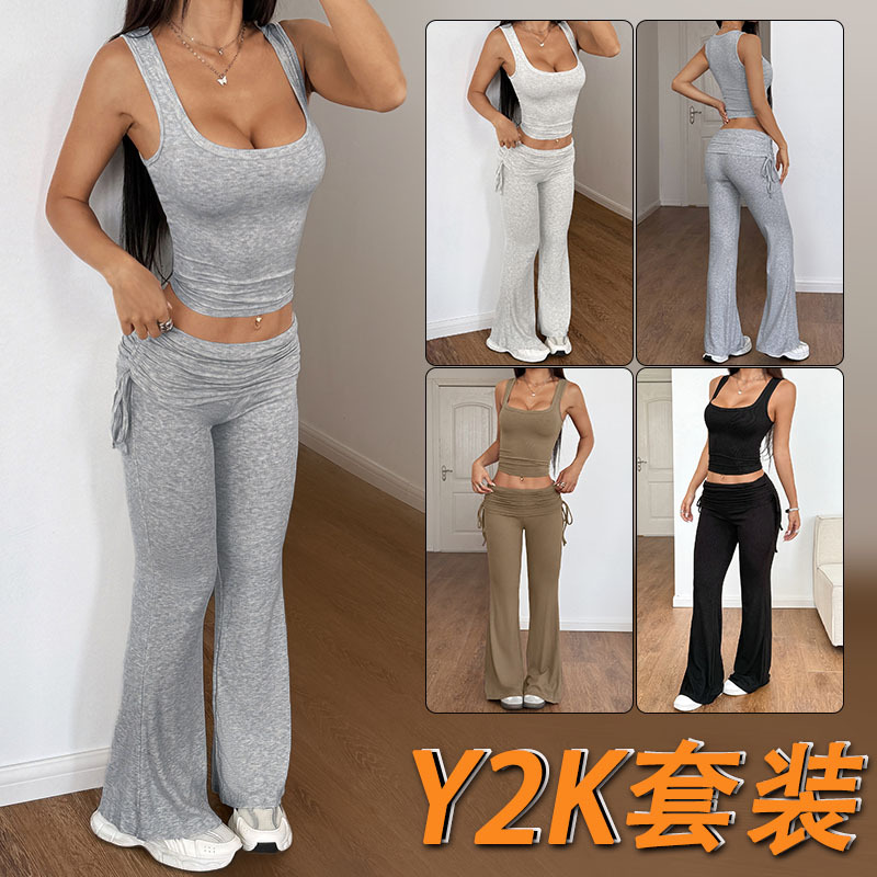 Y2K Solid Color Lace-Up Two-Piece Flared Pants Set Slim Commuter