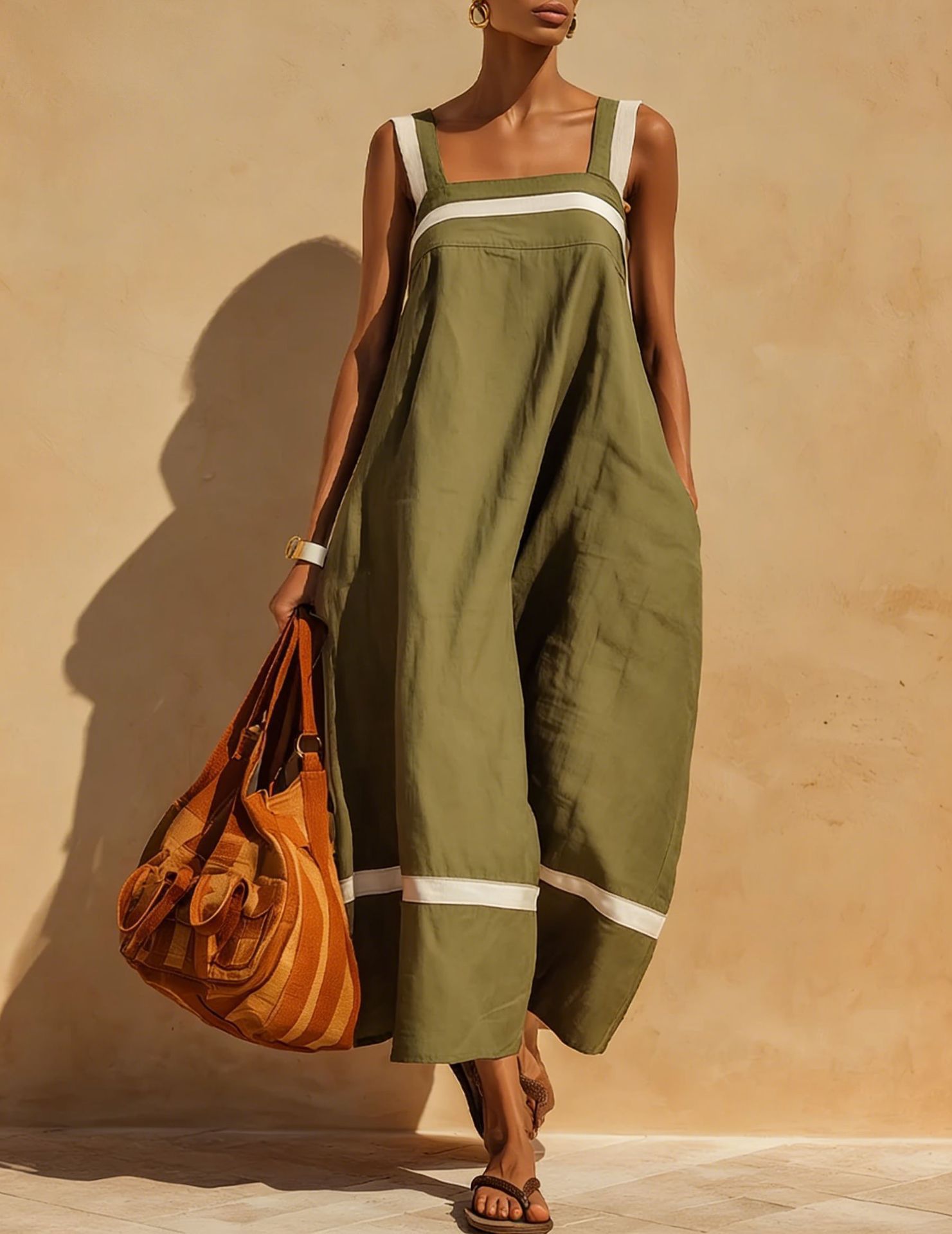 Cotton-Linen Blend Square Neck Striped Colorblock Sleeveless Casual Dress