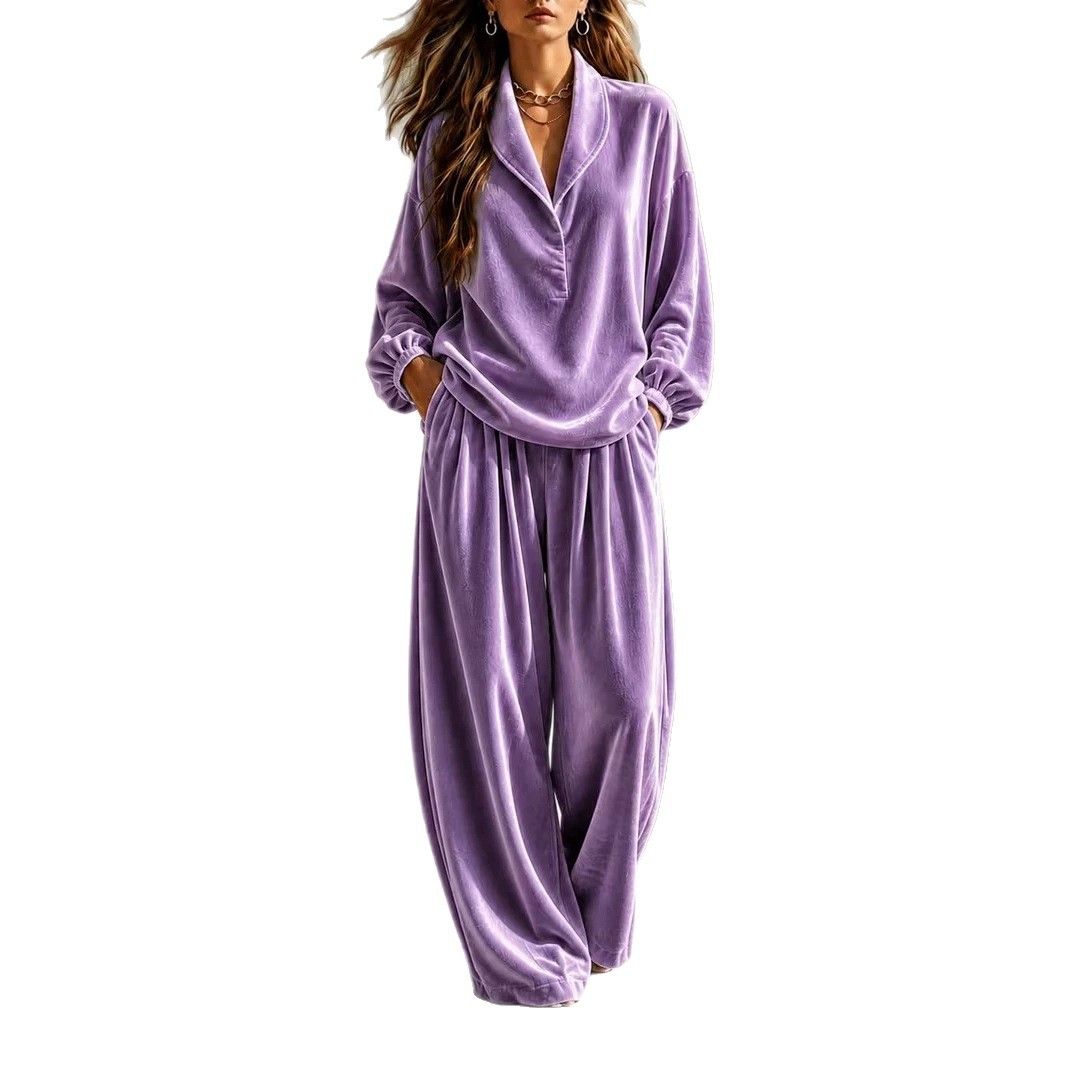 2026 Women's Autumn/Winter New Casual Fashion Velvet Long-Sleeve Long Pants Lapel Set for Amazon and Independent Sites