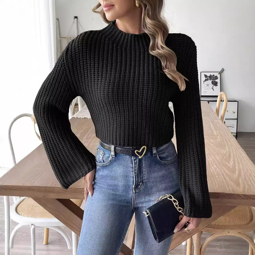 Women's Cropped Mock Neck Sweater with Bell Sleeves