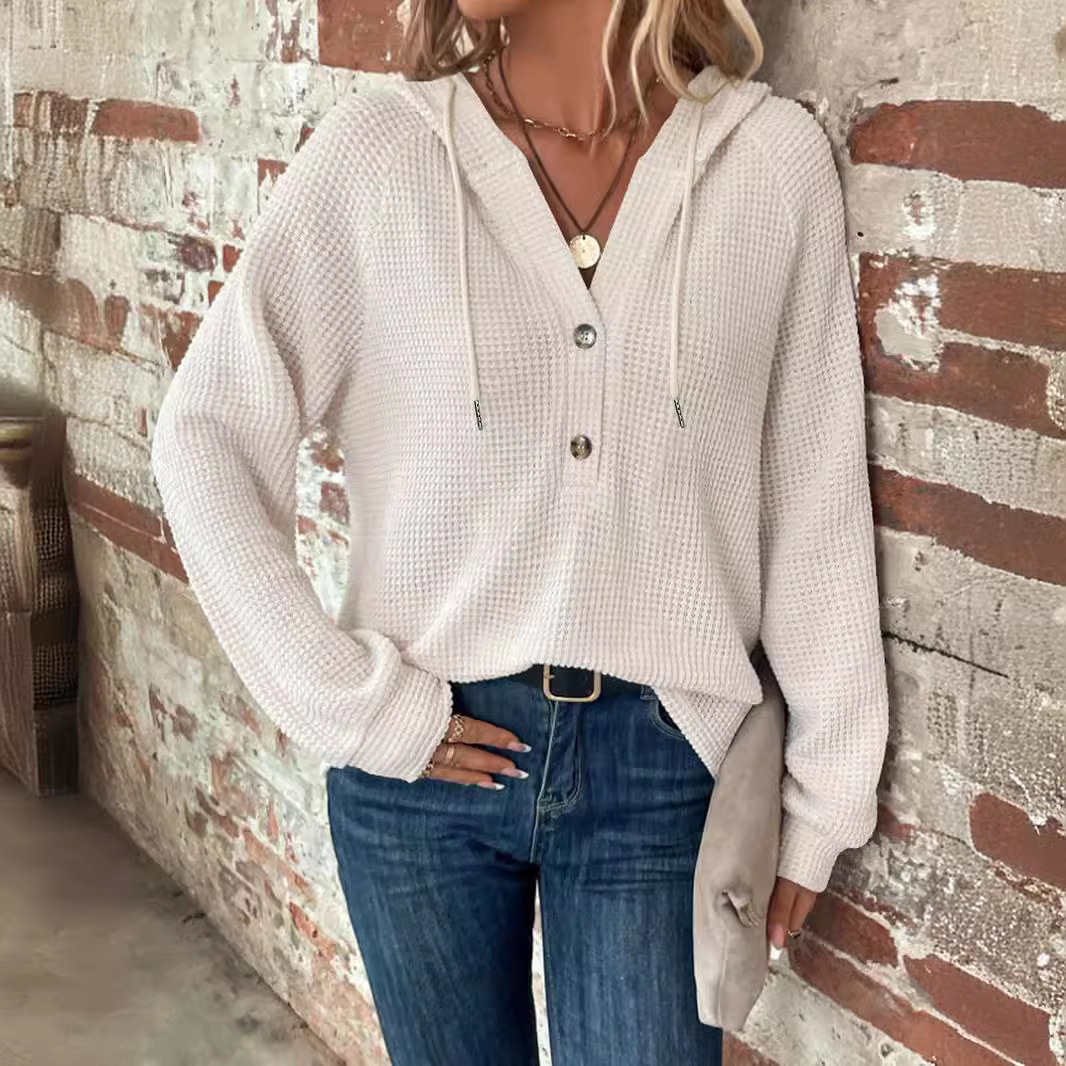 Solid Color Hooded Button Loose Fit Long Sleeve Sweatshirt for Women