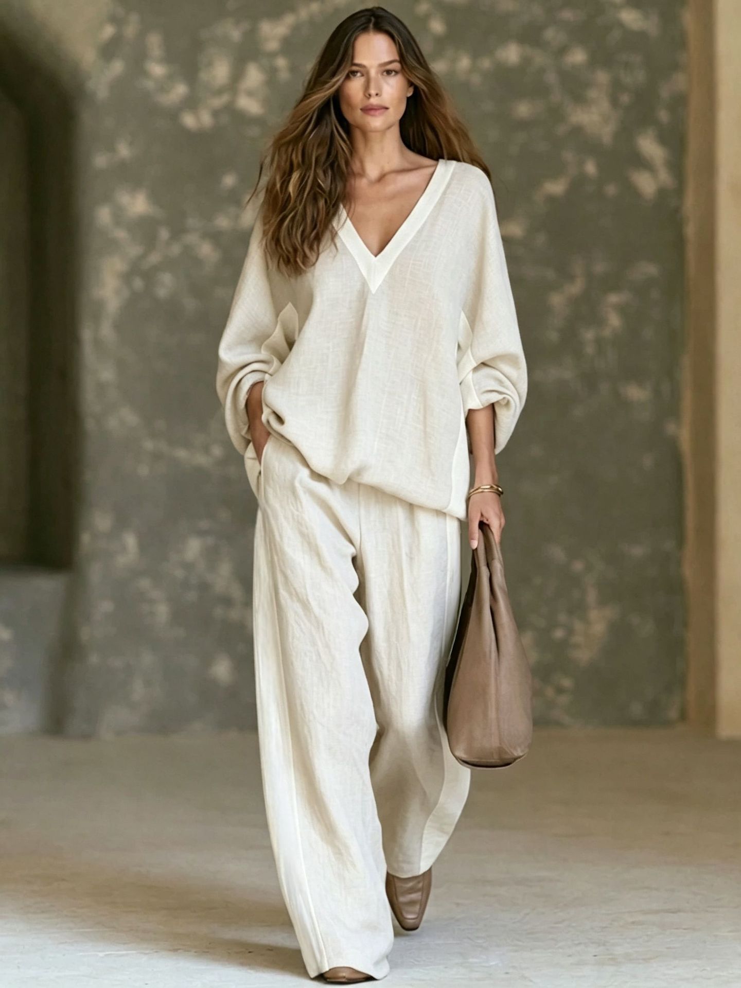 V-Neck Loose Wide-Leg Two-Piece Pants Set