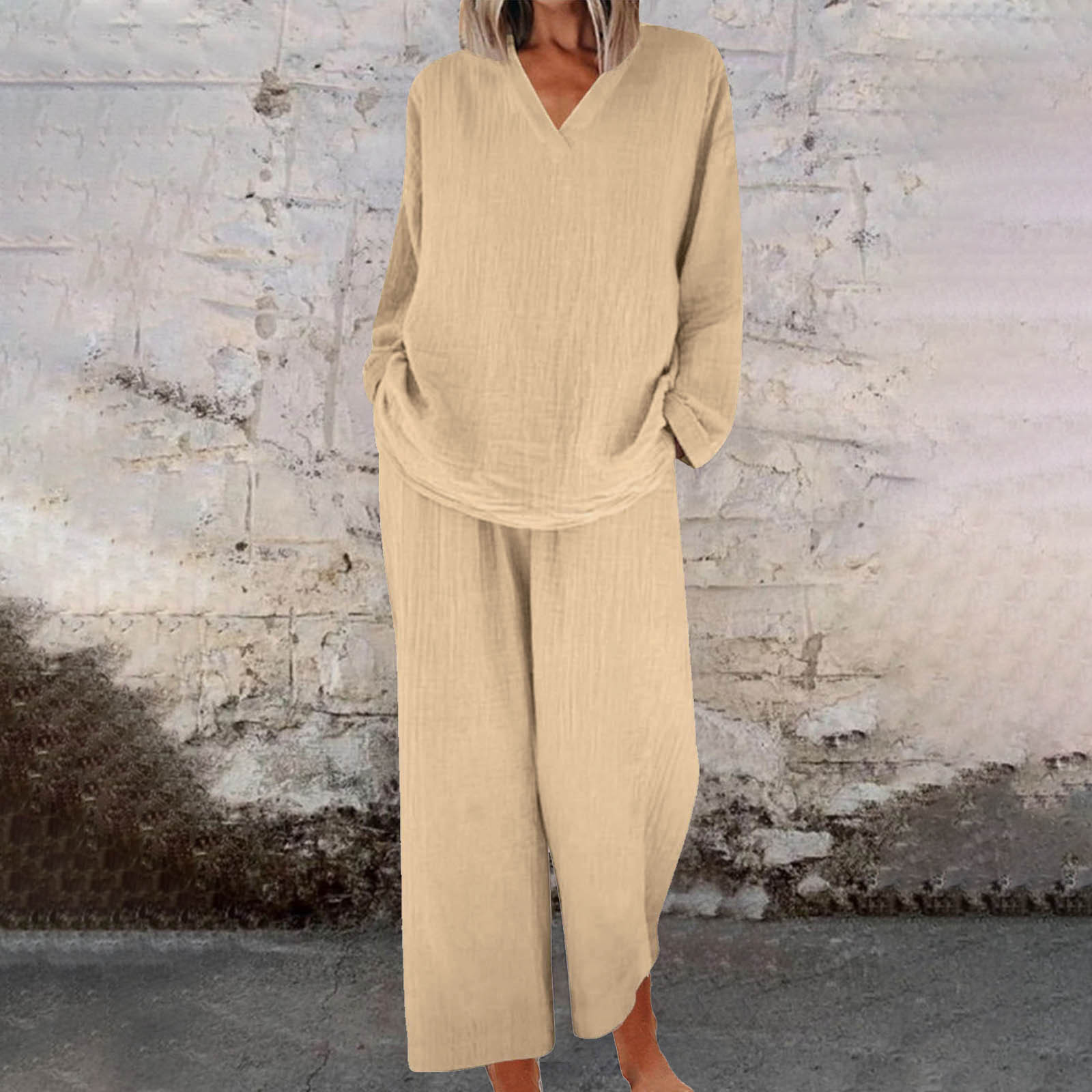 Women's Casual V-Neck Long-Sleeve Top and Pocket Pants Set