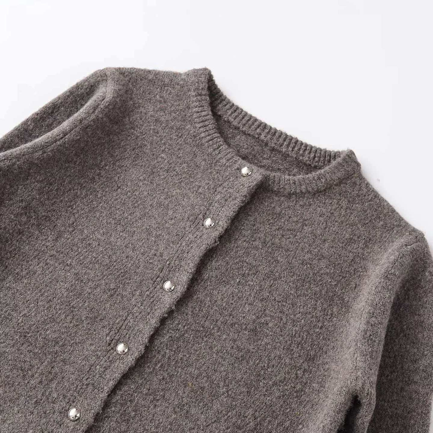 Women's Retro Dark Gray Crewneck Knit Cardigan