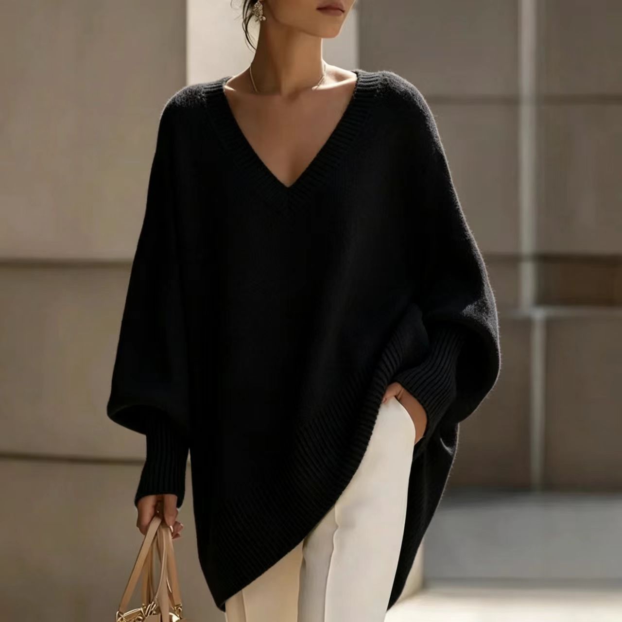 Solid V-Neck Lantern Sleeve Loose Knit Sweater for Women