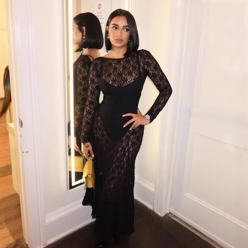 Women's Lace Sheer Open-Back Long Dress