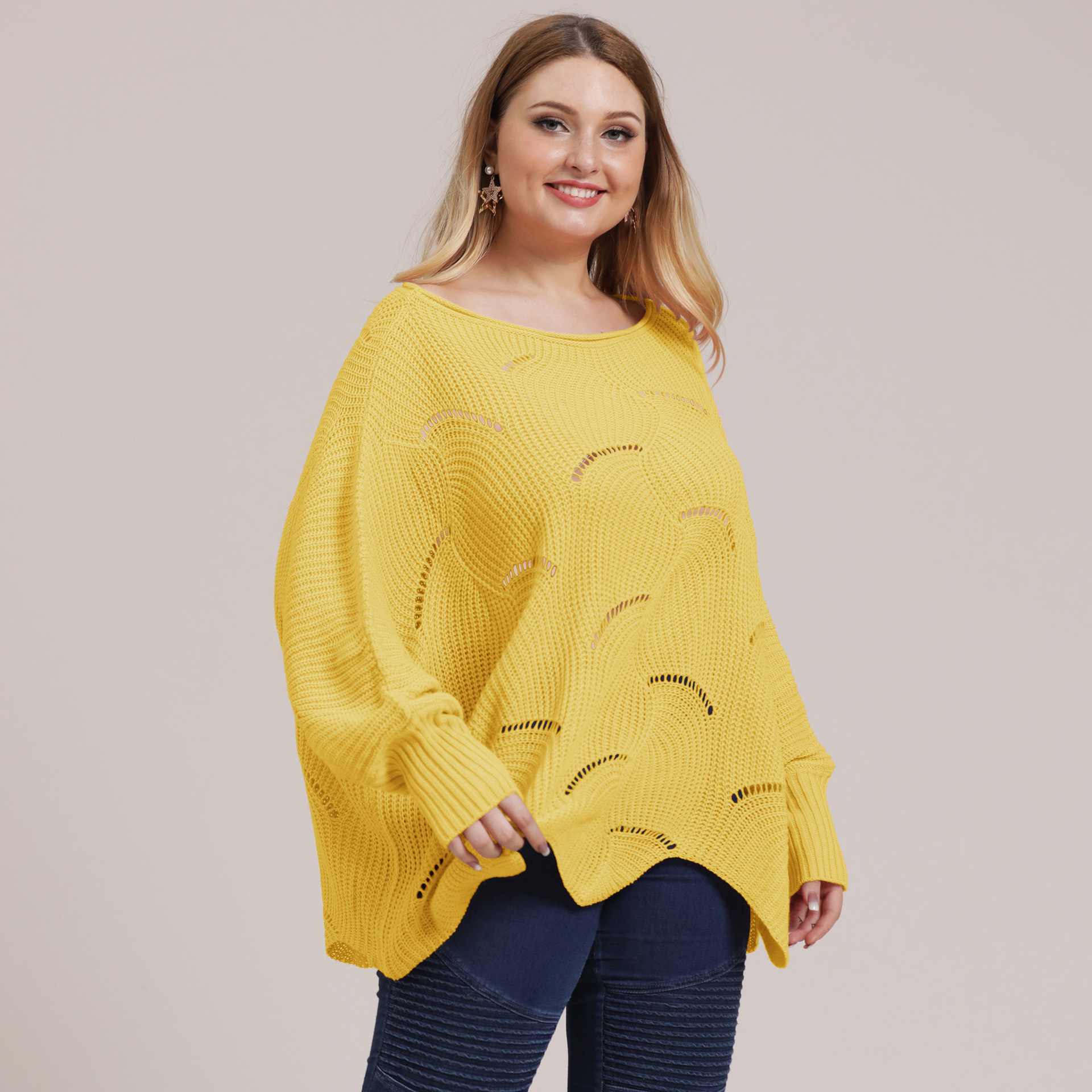 Plus Size Women's Irregular Batwing Sleeve Hollow Out Knit Sweater