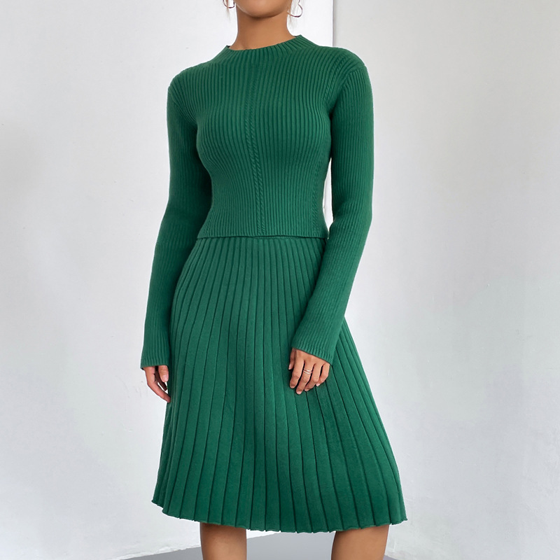 Solid A-Line Pleated Midi Skirt & Knit Sweater Two-Piece Set
