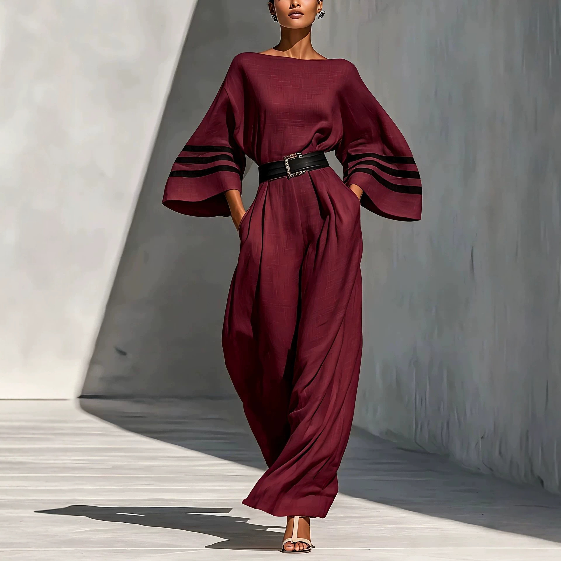 Women's French Style Wide-Leg Jumpsuit Long Sleeve Minimalist Commuter