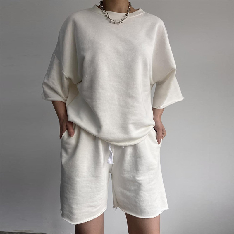 Women's Casual Two-Piece Set Short Sleeve Crew Neck Drawstring Shorts