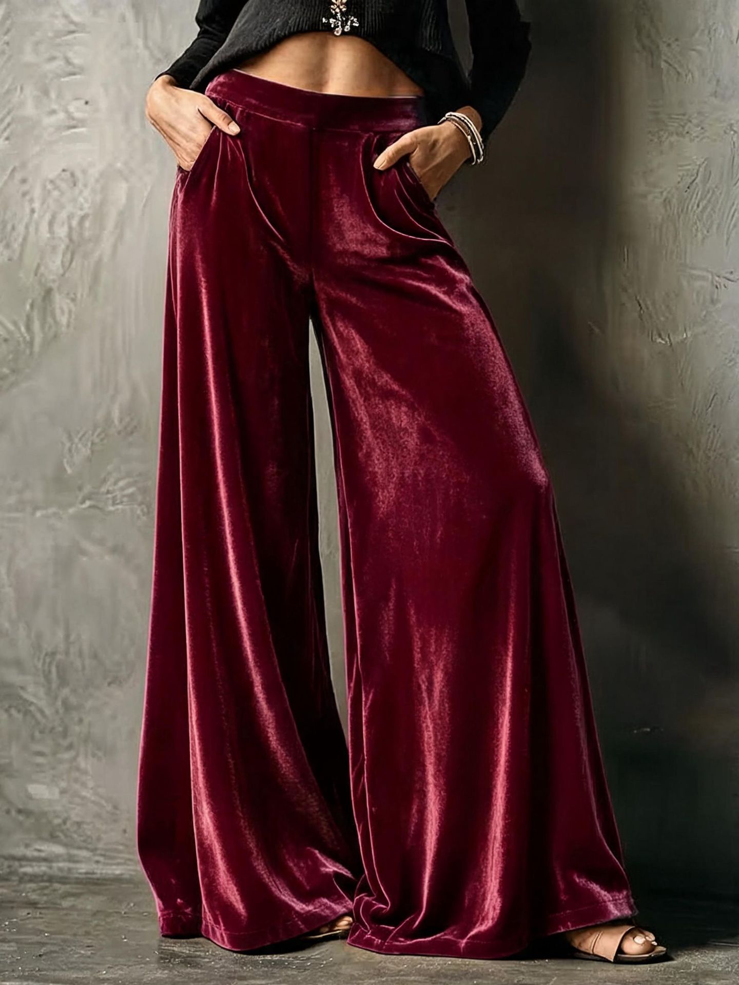 Solid Velvet High-Waist Wide-Leg Pants with Pockets
