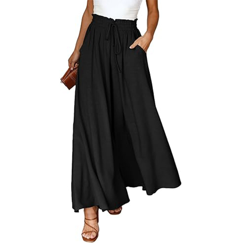 Women's High-Waist Wide-Leg Cotton-Linen Pants Skirt with Pockets
