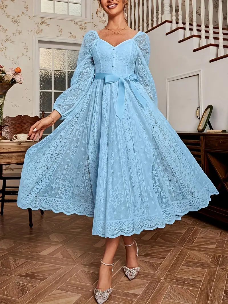 Elegant Vintage Lace V-Neck Long Sleeve A-Line Maxi Dress