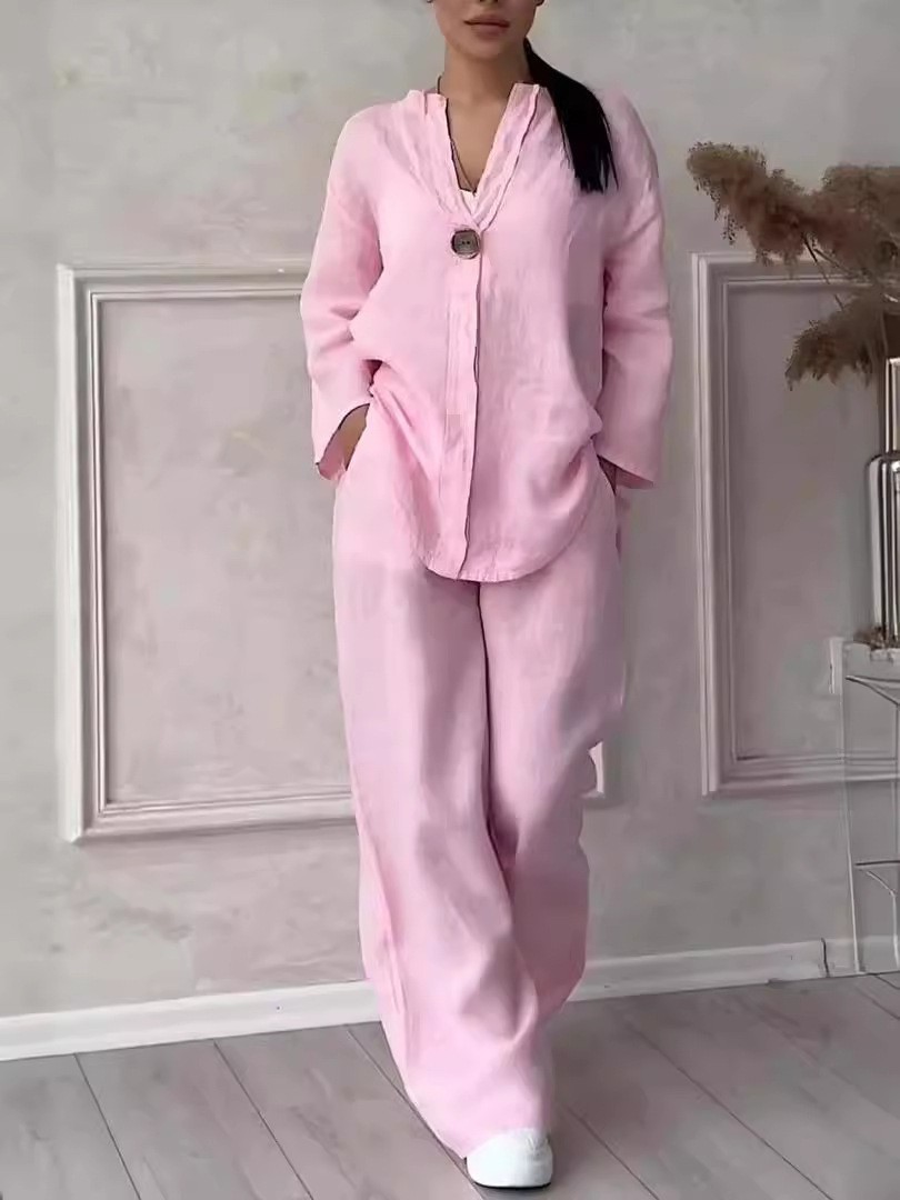 Women's Cotton-Linen Loose Top & Wide-Leg Pants Casual Set