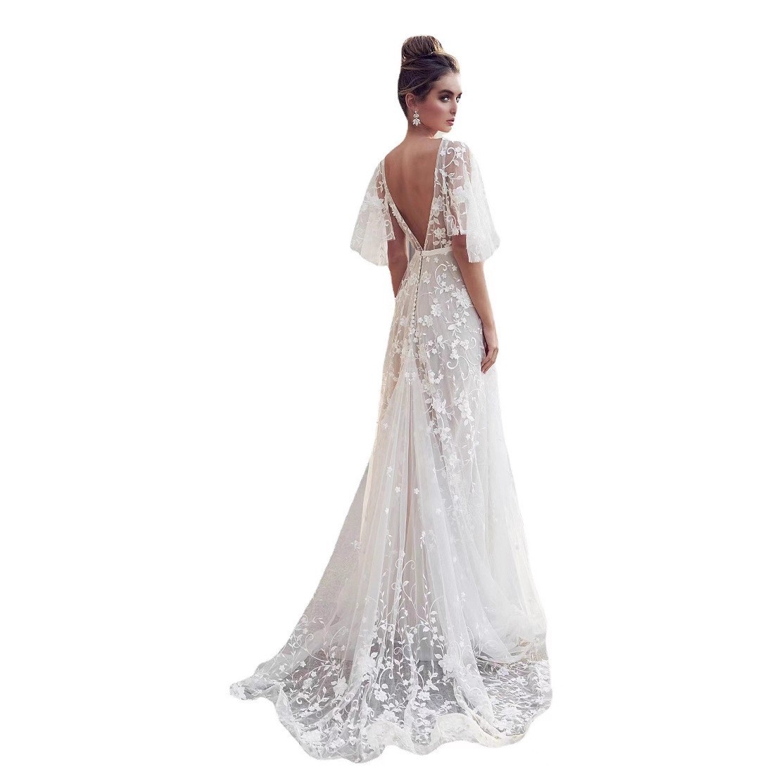Women's Lace V-Neck Open-Back Maxi Dress Elegant Evening Gown
