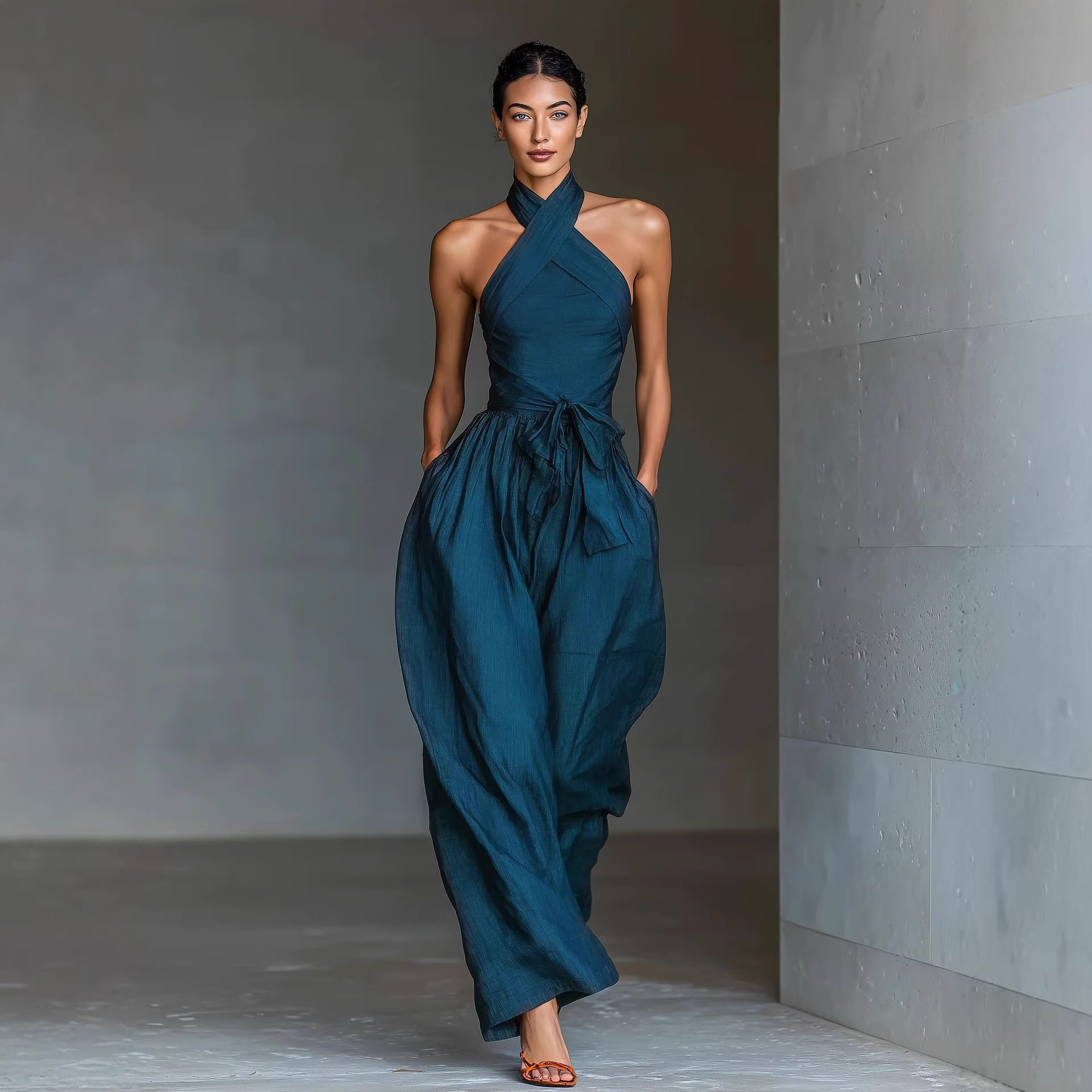 Women's Linen-Blend Cross-Strap Wide-Leg Jumpsuit