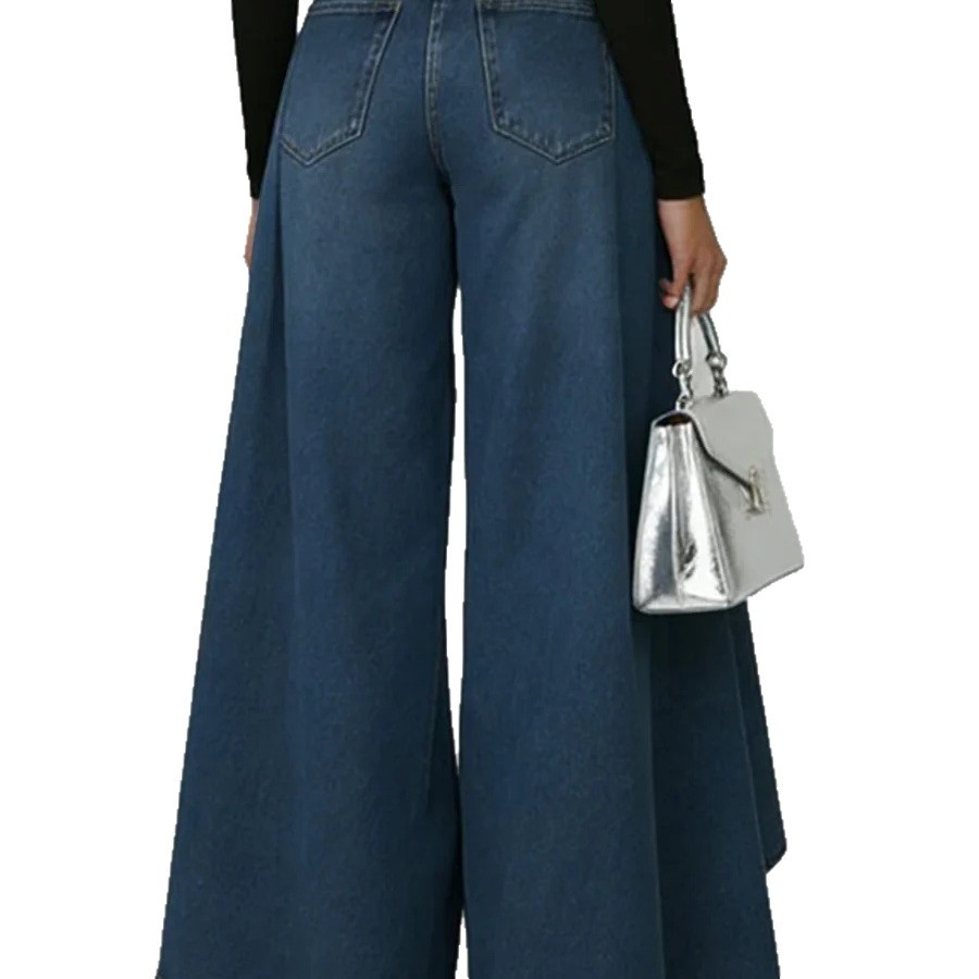 Women's Wide-Leg Faux Denim Print Pants Button Straight Casual