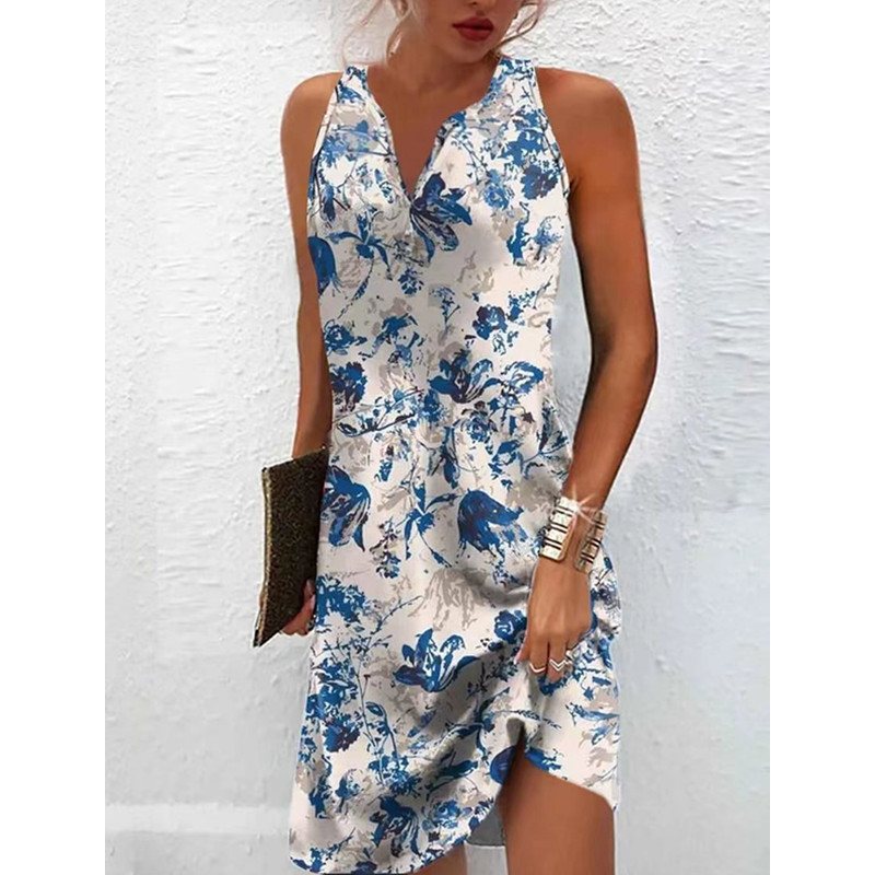 Women's Floral Print Single-Breasted A-Line Sleeveless V-Neck Dress