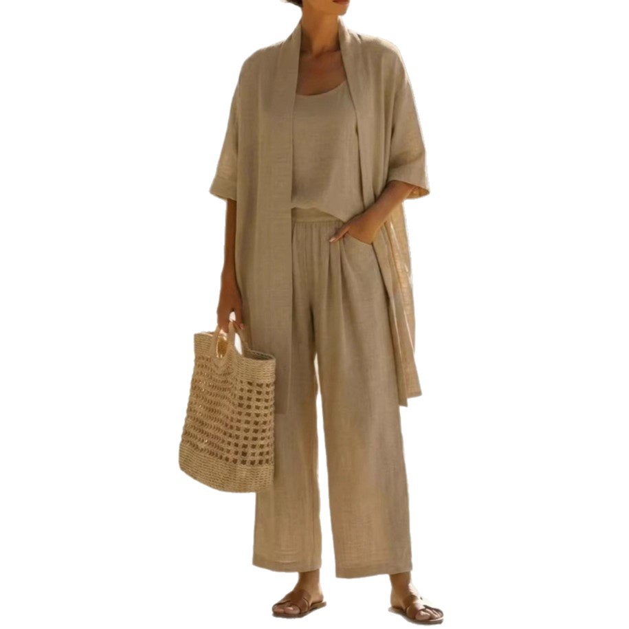 Women's Solid Color Casual Loose Straight Three-Piece Pant Set