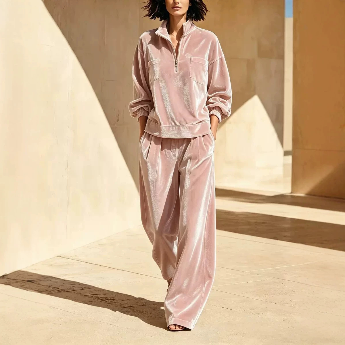 Velvet Lounge Set for Women Long Sleeve Half-Zip Top and Wide-Leg Pants Two-Piece