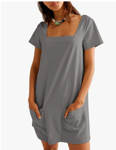 Square Neck Short Sleeve A-Line Dress with Pockets Solid Color